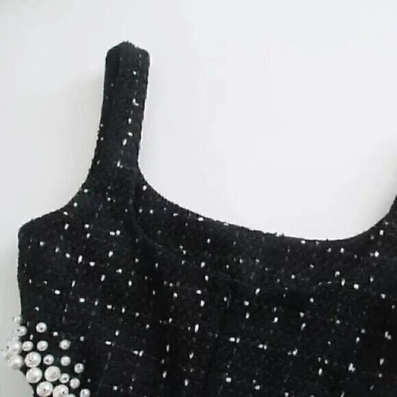 Black Texture Tweed  Weave Cutout Mini Dress With Faux Pearls L - Picture 7 of 16